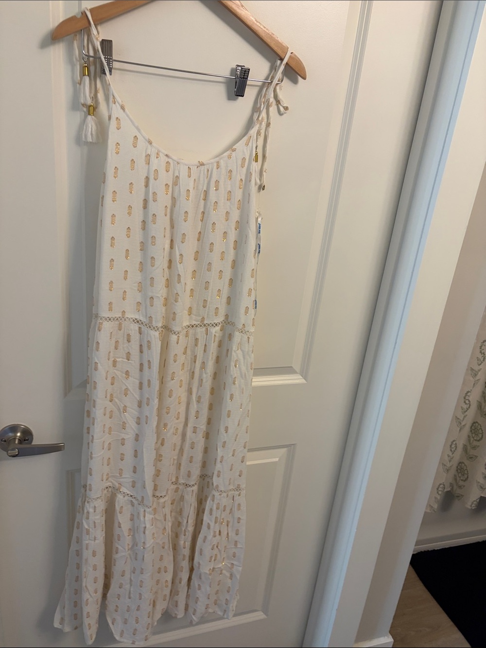 blue island White Maxi Dress with Gold Print